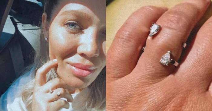 Un colaj cu Gina Pistol. În prima poză vedeta e în mașină, iar în a doua își fotografiată inelul argintiu de pe deget.