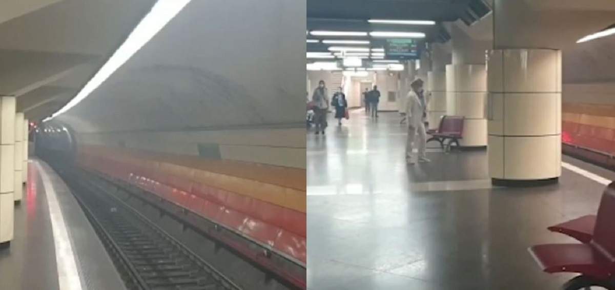 Un colaj cu stația de metrou 1 Mai. În imagini se vede atât linia de metrou, cât și călătorii care aștaptă trenul.