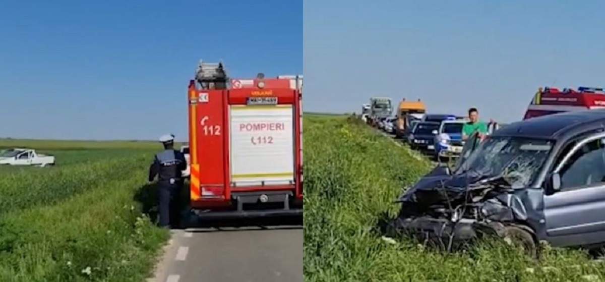 Un colaj cu accidentul din județul Constanța. Două mașini avariate se află pe câmp. La fața locului au ajuns mai multe echipaje de salvare.