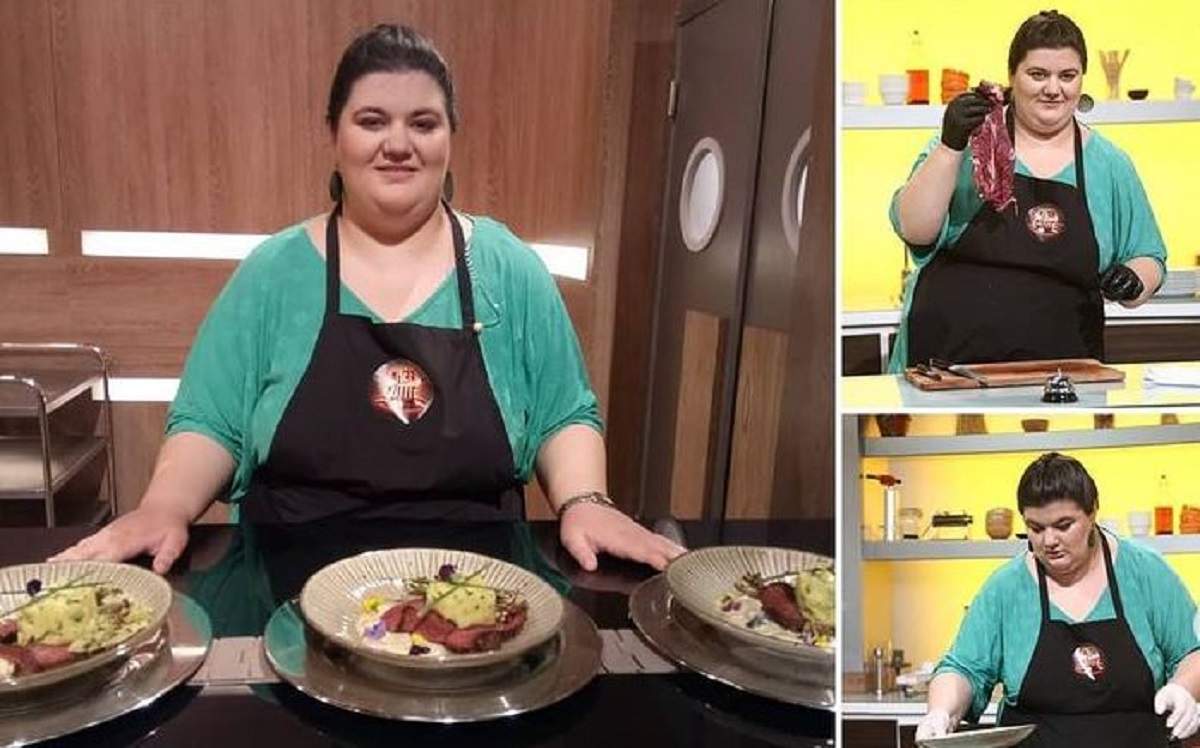 Un colaj cu Claudia Radu. Fosta concurentă gătește în bucătăria Chefi la cuțite și poartă sorț negru.