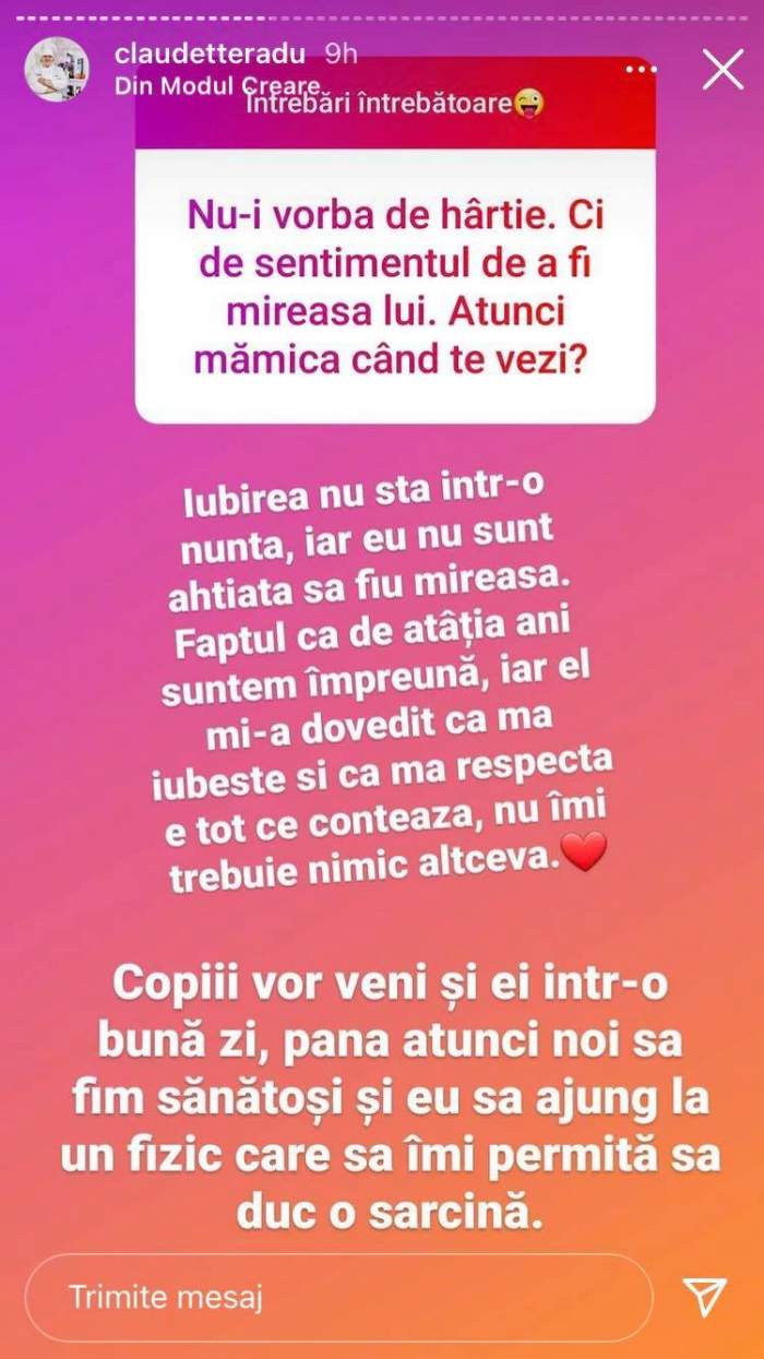 Claudia Radu le-a vorbit fanilor de pe Instagram despre nuntă și copii