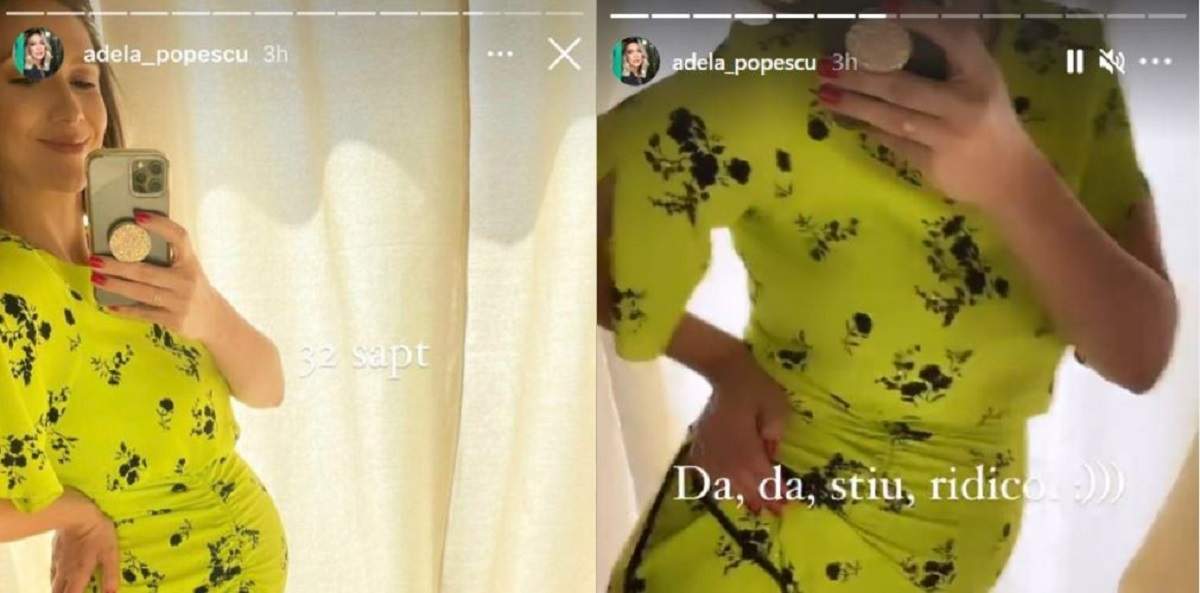 Adela Popescu poartă o rochie verde cu model negru. Vedeta se filmează cu telefonul în oglindă.