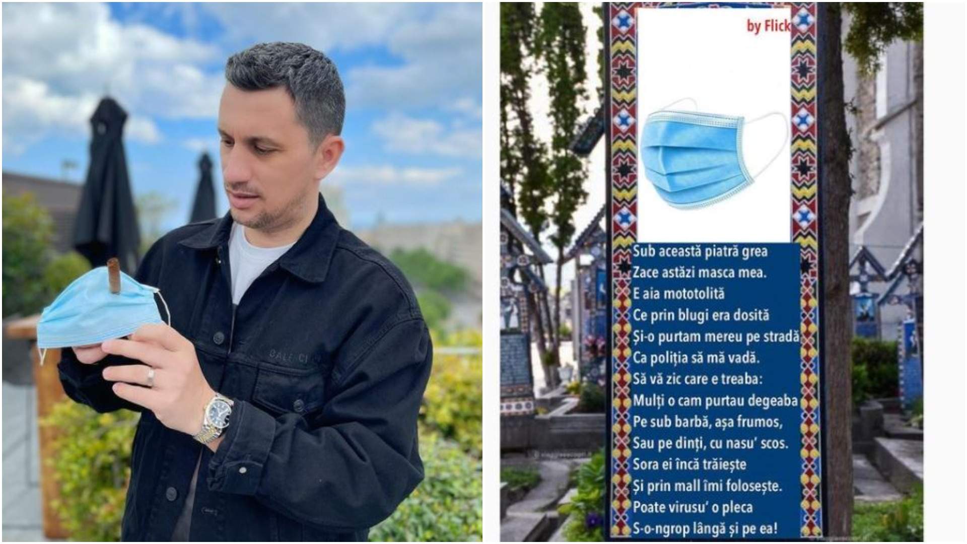 Colaj cu Flick cu masca de protecție în mână/ poezia scrisă de prezentator.