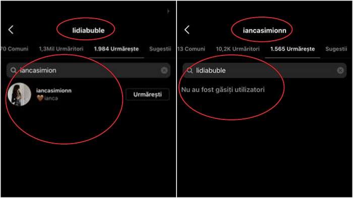Captură cu conturile Lidiei Buble și Iancăi Simion de Instagram.