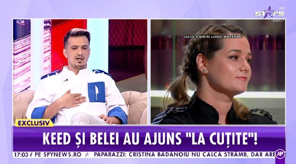 Keed poartă o uniformă albă de bucătar și e la Antena Stars. În dreapta e poză cu Maria Șandru, fosta concurentă de la Chefi la cuțite.