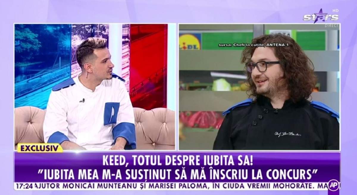 Keed poartă o uniformă albă de bucătar și e la Antena Stars. În dreapta e poză cu Florin Dumitrescu.