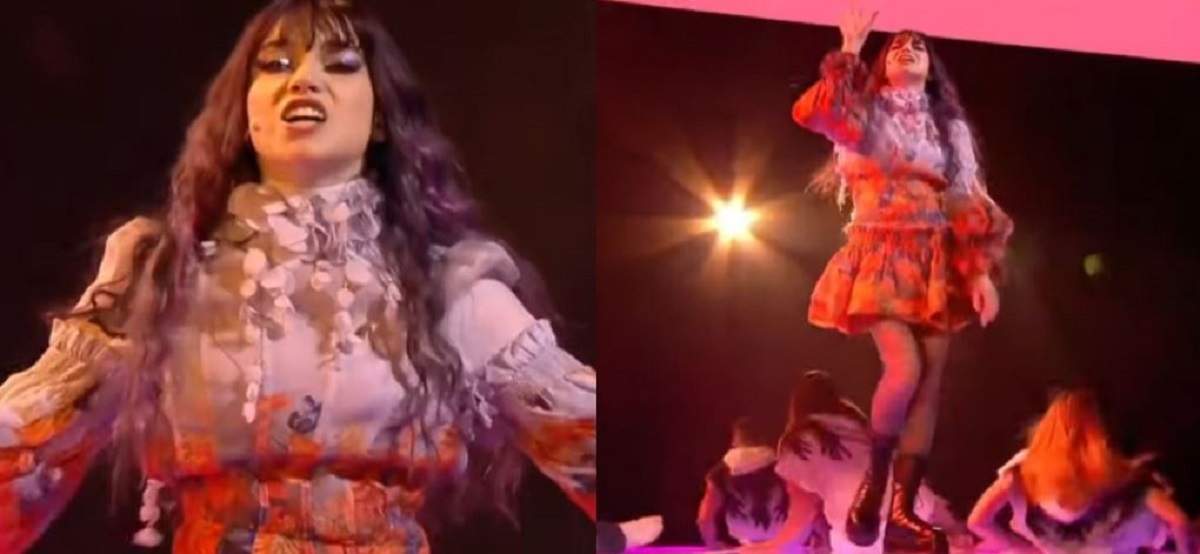 Un colaj cu Roxen. Artista cântă pe scenă în prima semifinală Eurovision 2021 și poartă o rochie colorată în nuanțe de gri și roșu, cu volănașe.
