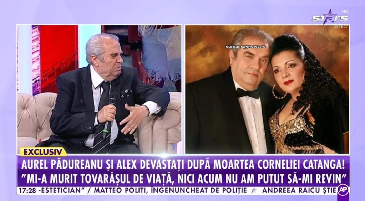 Aurel Pădureanu poartă un costum negru și se află la Showbiz Report. În dreapta e o imagine cu el și Cornelia Catanga.