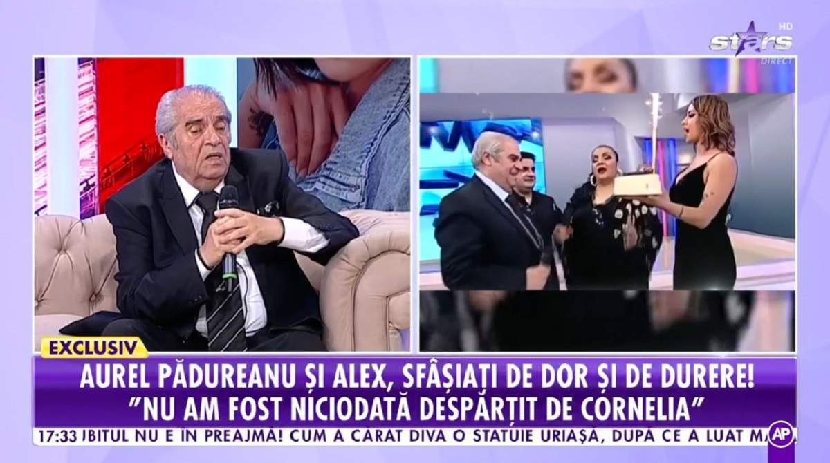 Aurel Pădureanu poartă un costum negru și se află la Showbiz Report. În dreapta e o imagine cu el și Cornelia Catanga de la Antena Stars când țineau un tort în mâini.