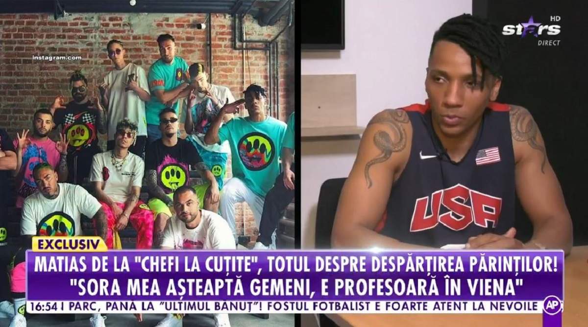 Alexandro Matias dă un interviu la Antena Stars. În stânga e o poză de grup cu Alex Velea și membrii din Golden Boy Society.