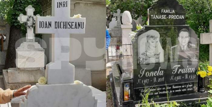 Un colaj cu mormântul lui Ion Dichiseanu și al Ionelei Prodan. Al ei este negru, iar al lui alb.