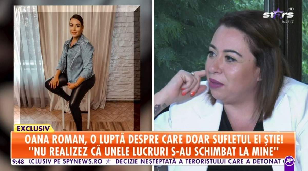 Oana Roman dă un interviu la Antena Stars, fiind îmbrăcată în tricou negru și sacou alb. În stânga ei e o poză cu ea când stă pe scaun.