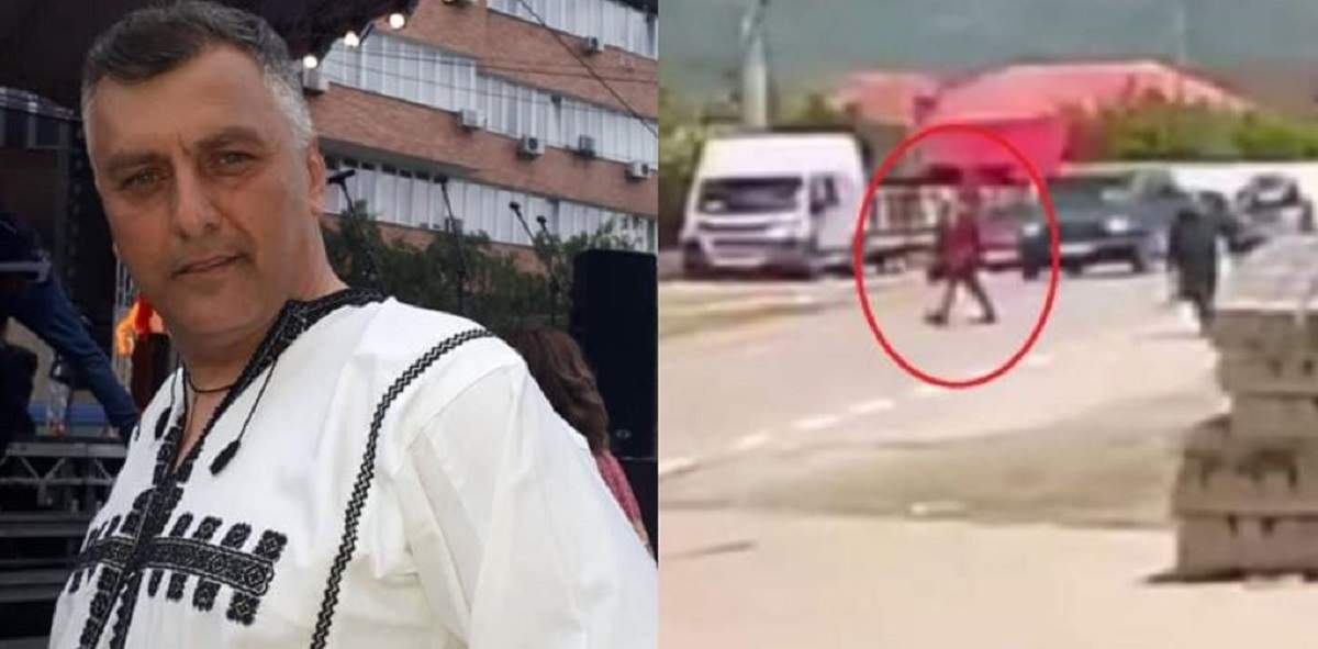 Un colaj cu Corin Dobrinescu. În prima poză e îmbrăcat în port popular, iar în a doua e o imagine cu el pe stradă, înainte să fie lovit de o mașină.
