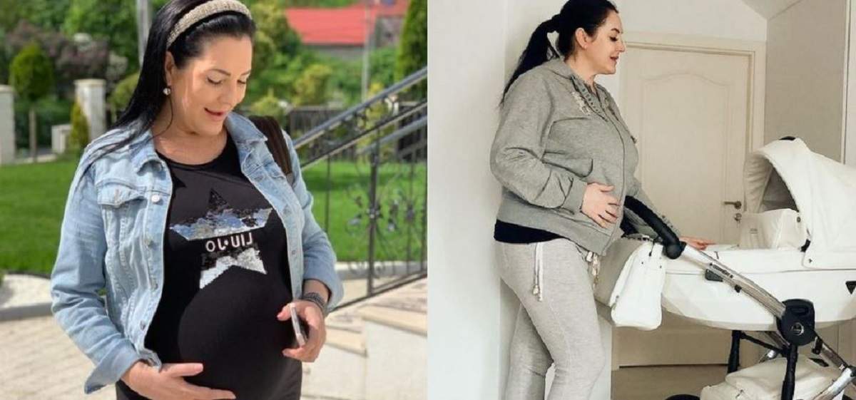 În stânga, Angela Rusu poartă o rochie neagră și geacă din denim, ținându-și mâinile pe burtică. În dreapta vedetă ține mâna pe un cărucior pentru bebeluși.