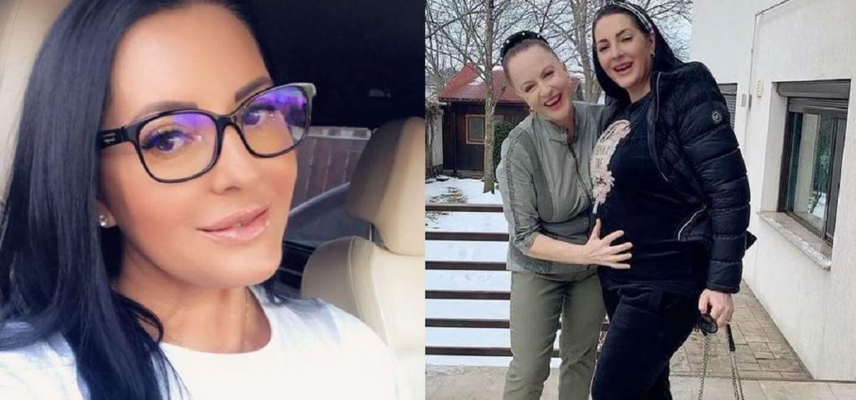 În stânga e o poză cu Angela Rusu din mașină. În dreapta e o poză cu artista, de afară, în timp ce Maria Dragomiroiu îi ține mâna pe burtica de gravidă.