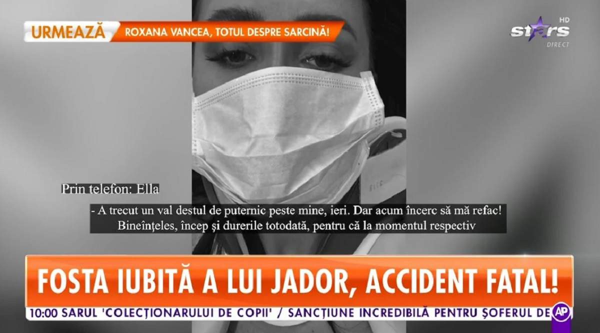 Ella dă declarații la Antena Stars despre accidentul în care a fost implicată. Pe fundal e o poză alb-negru cu ea.
