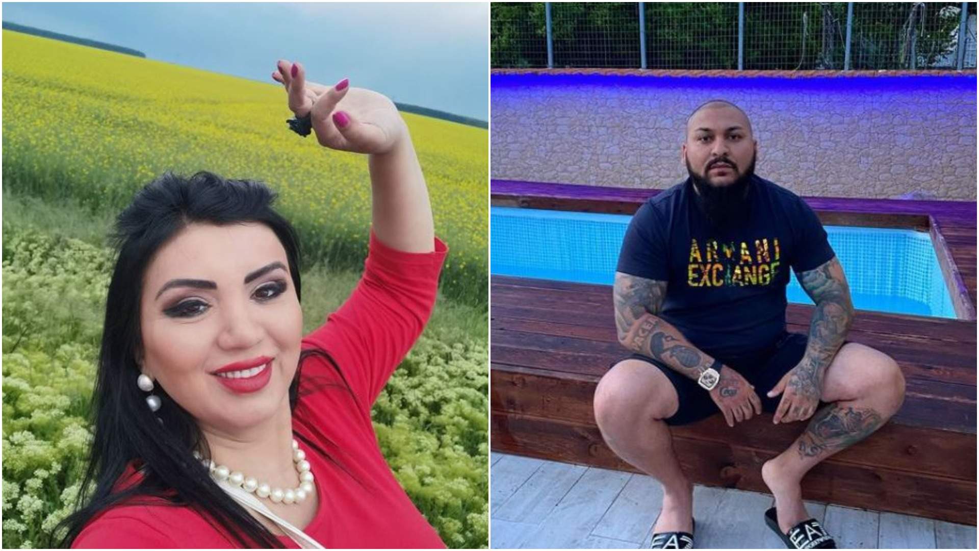 Colaj cu Adriana Bahmuțeanu în tricou roșu/ Dani Mocanu la piscină.