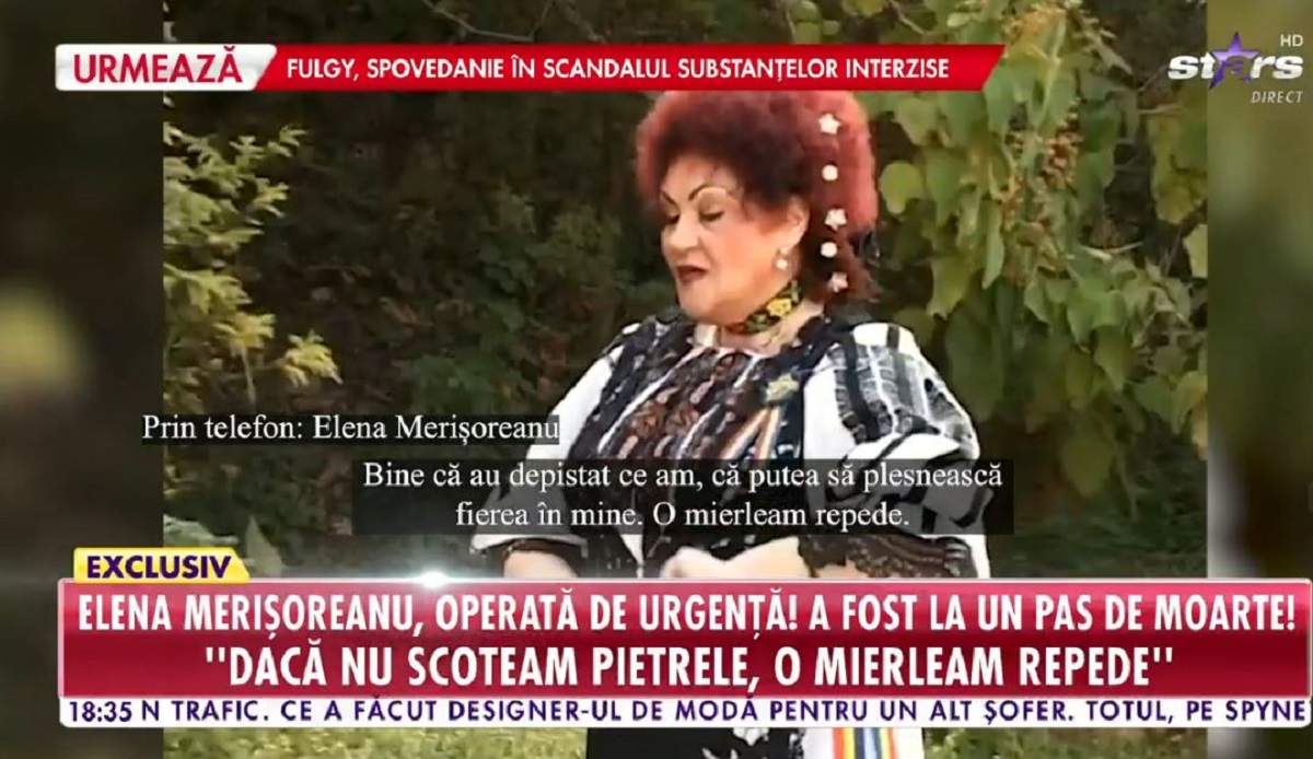 Elena Merișoreanu dă declarații la Antena Stars despre operația suferită la fiere. Pe fundal e o poză cu ea îmbrăcată în port popular.