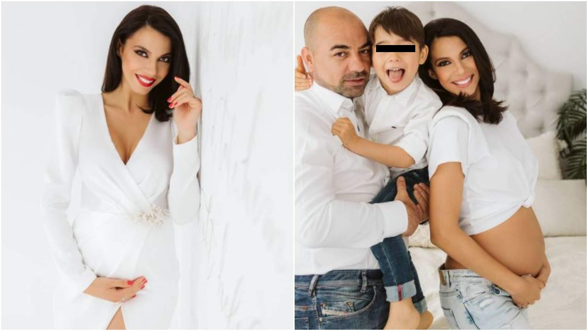 Colaj cu Irina Mohora în rochie albă/ Irina Mohora alături de fiul și soțul său.