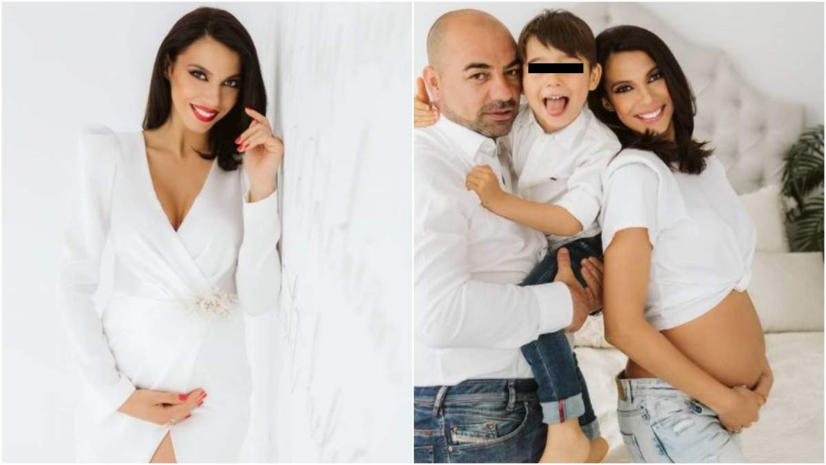 Colaj cu Irina Mohora în rochie albă/ Irina Mohora alături de fiul și soțul său.
