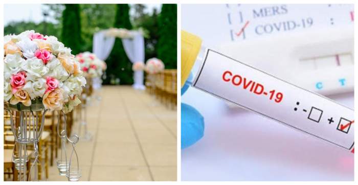 Imagine cu un aranjament floral la o nunta si un test rapid Covid-19