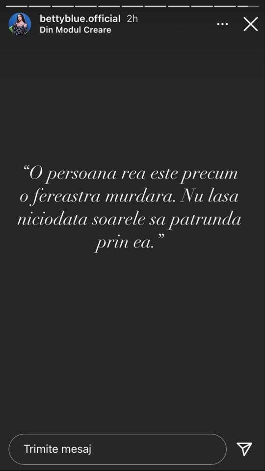 Mesajul lui Betty Vișănescu de pe Instagram referitor la persoanele rele.