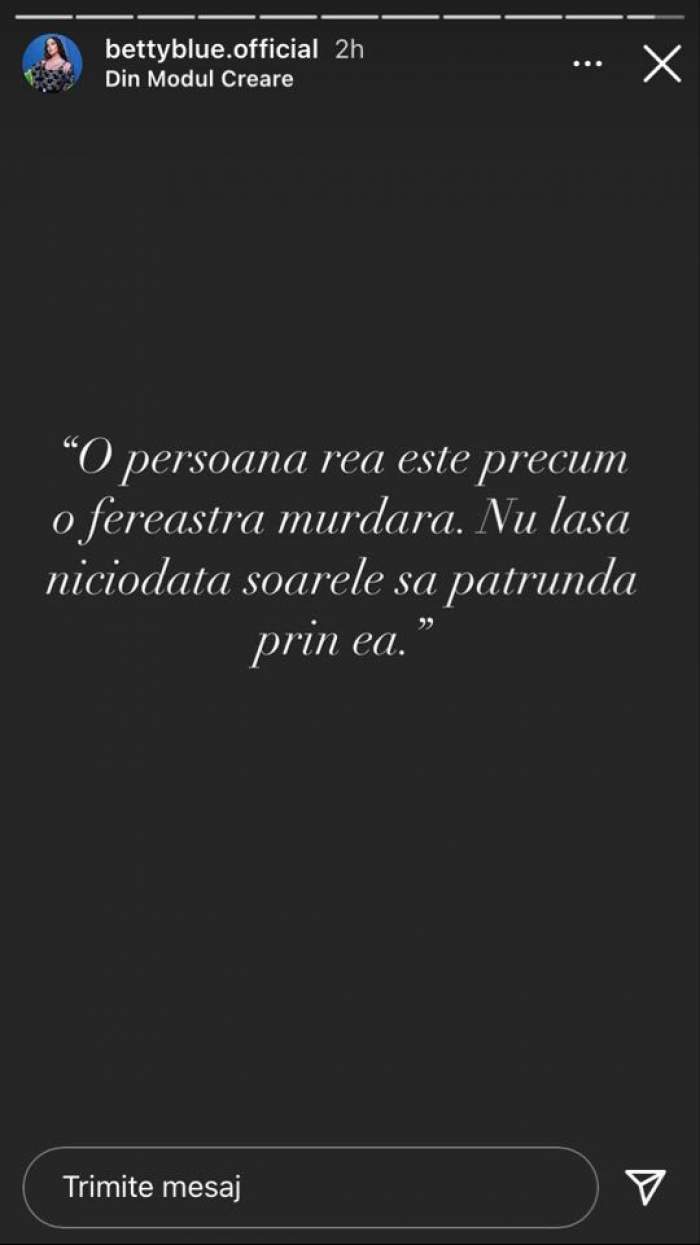 Mesajul lui Betty Vișănescu de pe Instagram referitor la persoanele rele.