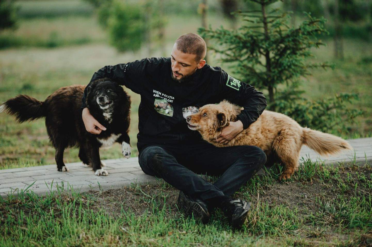 Ștefan Mandachi alături de doi câini
