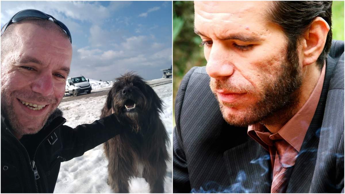 Colaj cu Sebastian Bălan cu un câine/ Sebastian Bălan, ședință foto.