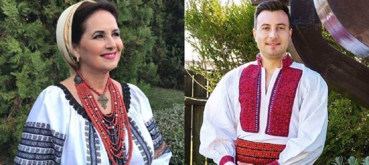 În stânga e o poză cu Margareta Clipa în timp ce poartă ie albă și basma. În dreapta e Valentin Sanfira în ie albă cu model roșu. Amândoi zâmbesc.