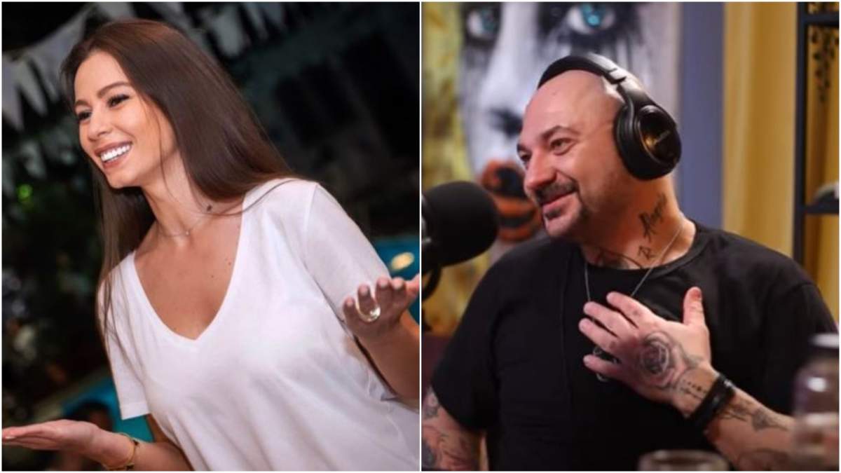 Colaj cu Iuliana Luciu cu tricou alb/ Cristi Mitrea în timpul unui interviu.