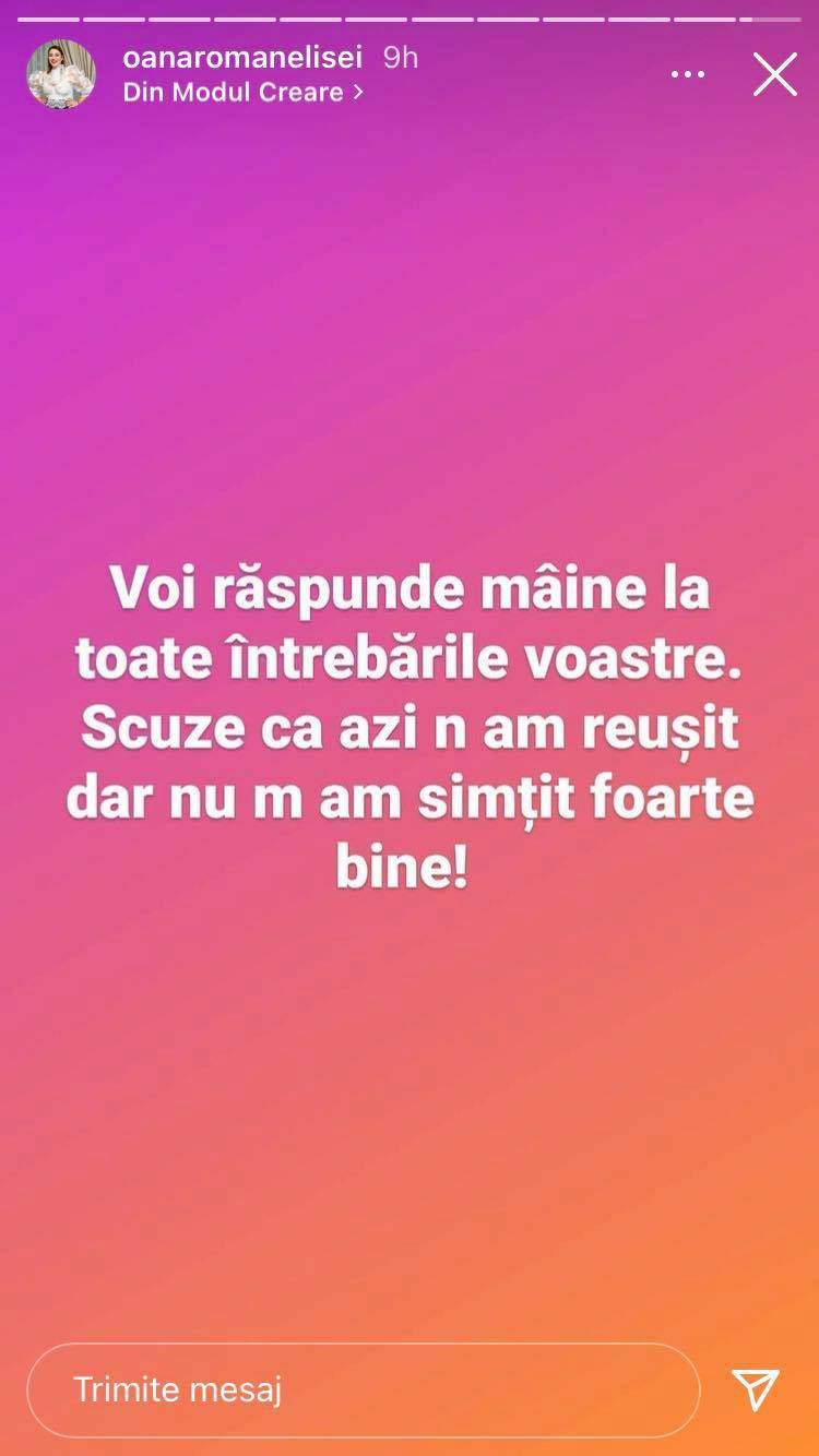 Oana Roman le-a spus fanilor de pe Instagram că nu s-a simțit bine.