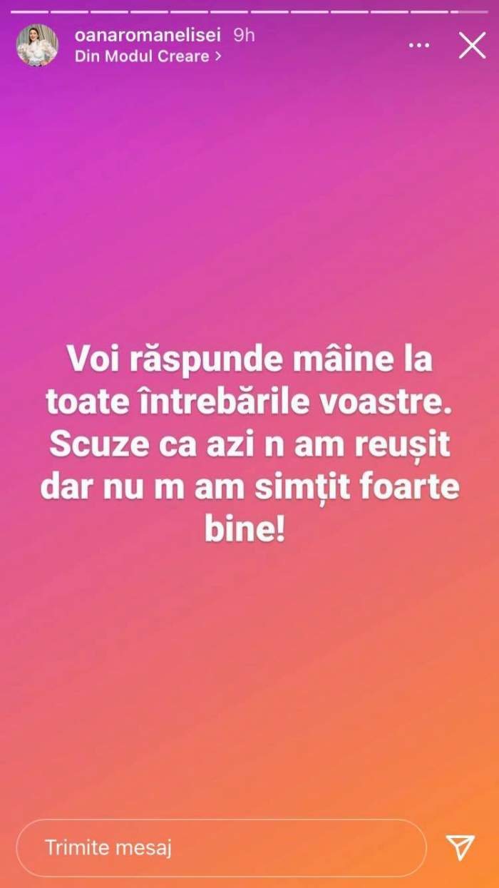 Oana Roman le-a spus fanilor de pe Instagram că nu s-a simțit bine.