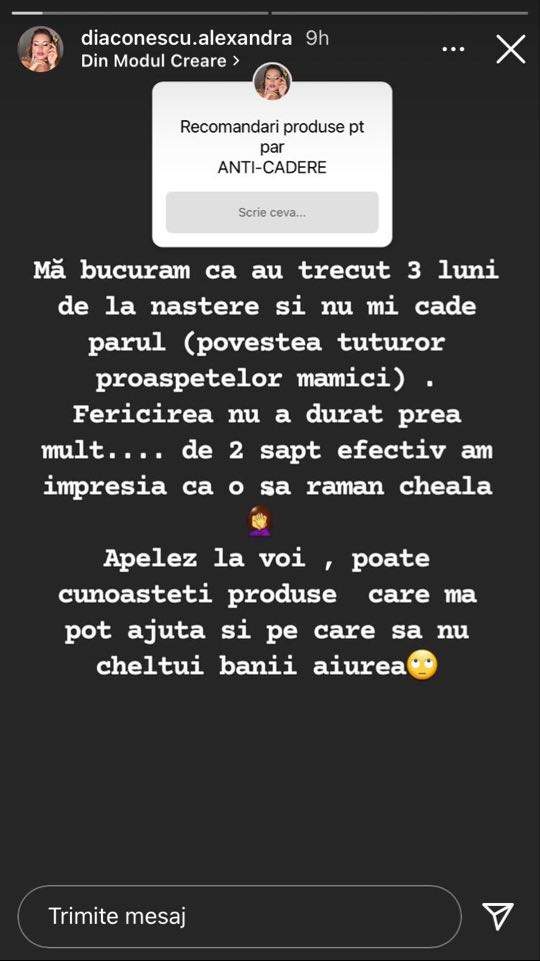 Alexandra Diaconescu le-a povestit fanilor de pe Instagram că-i cade foarte mult păr după ce a născut.