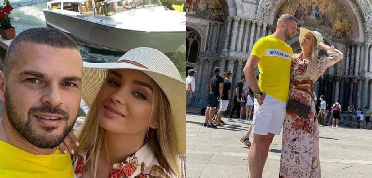Un colaj cu Maria Constantin și iubitul în Veneția. Ea poartă pălărie albă și o rochie înflorată, iar el tricou galben și pantaloni scurți albi.