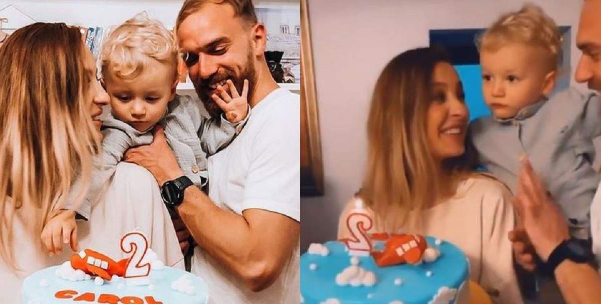 Un colaj cu Flavia Mihășan, iubitul ei și fiul lor cel mare de la ziua de naștere a lui Carol. Vedeta zâmbește și ține tortul bleu în mână.