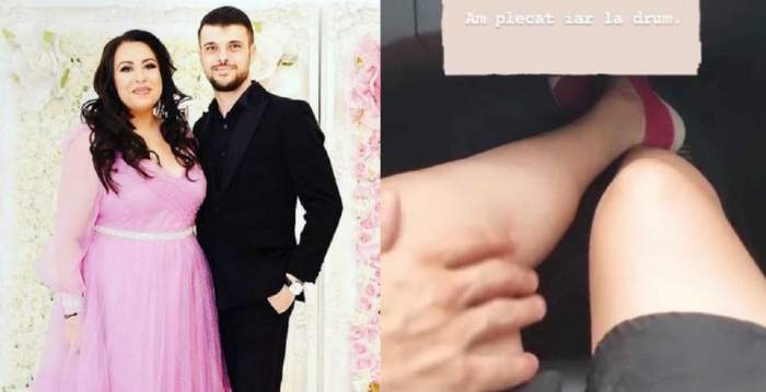 În stânga e o poză cu Oana Roman îmbrăcată în rochie roz și cu Marius Elisei îi costum negru, iar în dreapta el îi ține ei mâna pe picior în mașină.