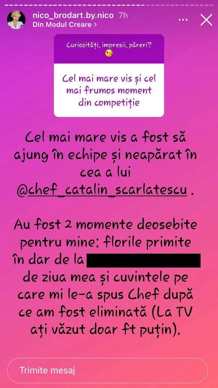 Mesajul Nicoletei Pop de pe Instagram prin care și-a arătat recunoștința față de Cătălin Scărlătescu.