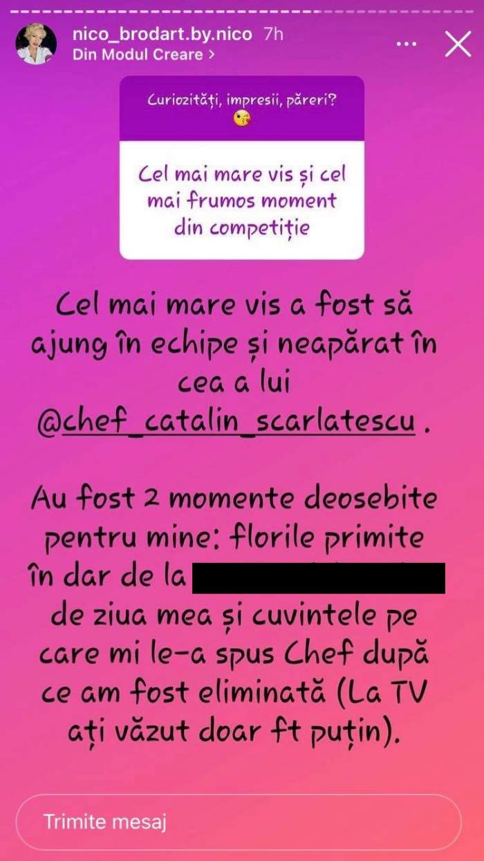 Mesajul Nicoletei Pop de pe Instagram prin care și-a arătat recunoștința față de Cătălin Scărlătescu.