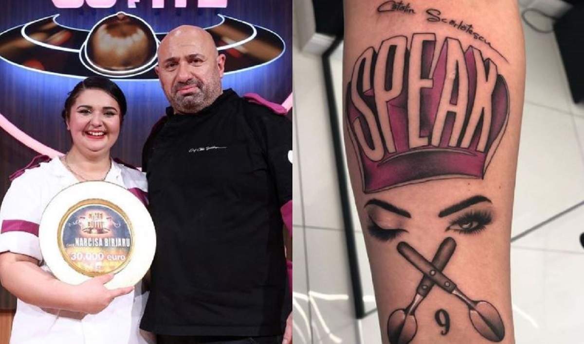 Un colaj cu Narcisa Birjaru. În stânga e ținută cu o mână în brațe de Cătălin Scărlătescu iar ea ține în mână premiul Chefi la Cuțite, iar în stânga e tatuajul ei făcut după ce a câștigat competiția.