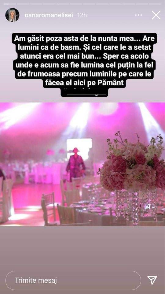 Oana Roman le-a spus fanilor de pe Instagram că cel care s-a ocupat de lumini la nunta ei a murit.