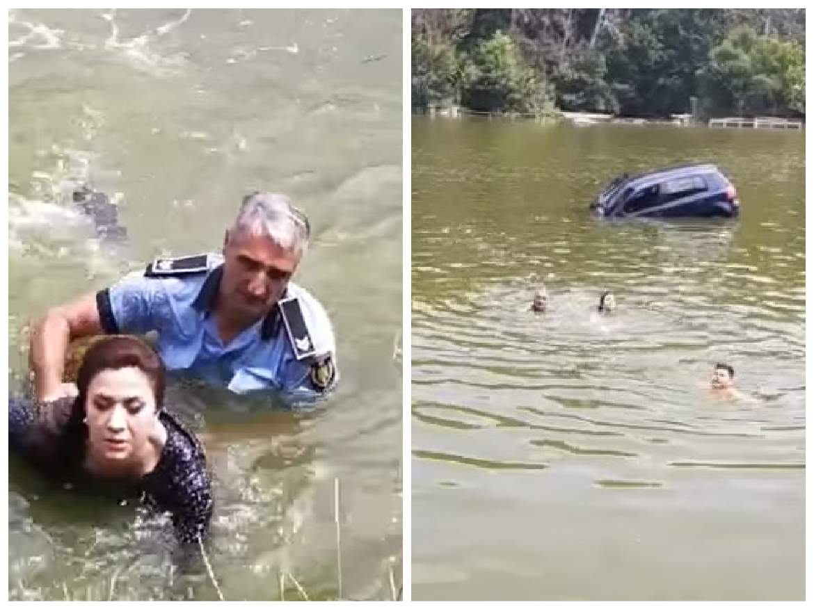 Colaj cu momentul în care pulițistul din Iași a salvat viața femeii căzute în lac
