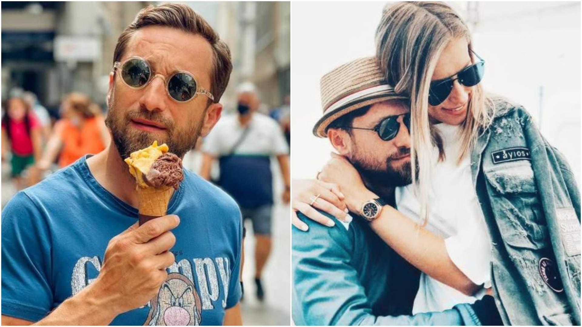 Colaj cu Dani Oțil în timp ce mănâncă înghețată/ Dani Oțil și Gabriela Prisăcariu, îmbrățișați.