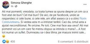 Simona Gherghe îl plânge pe Florin Condurățeanu pe Facebook. Mesajul trist postat de prezentatoarea TV: „A fost tot numai un suflet”