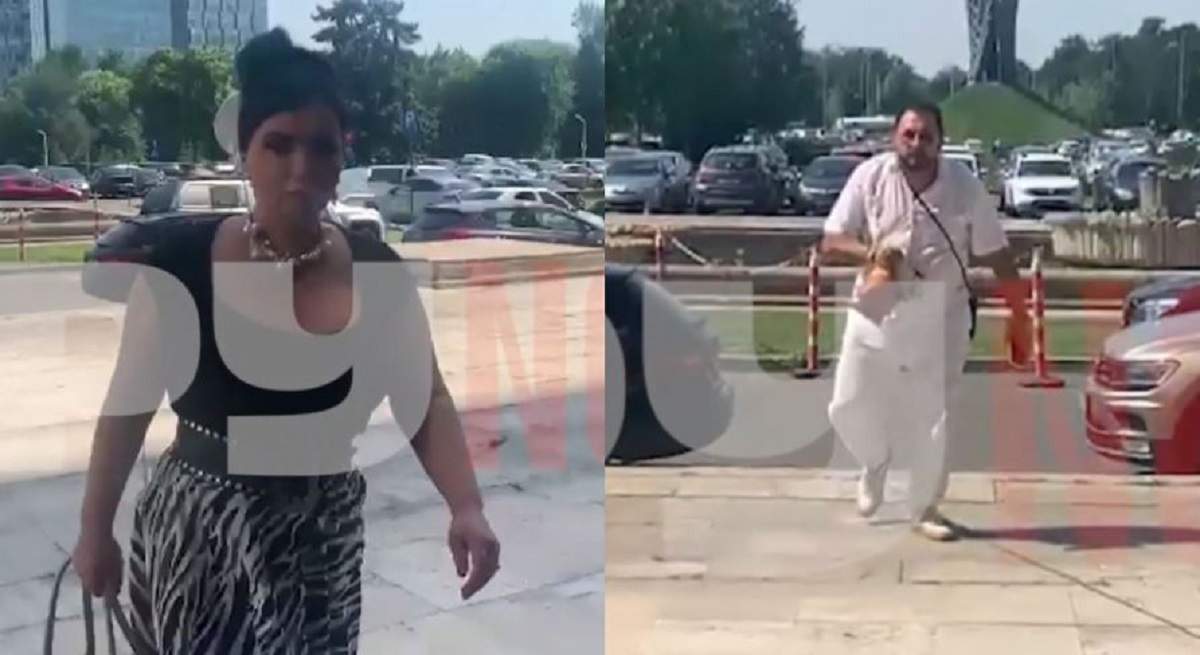 Adriana Bahmuțeanu și Nikos Papadopoulos la priveghiul lui Florin Condurățeanu. Ea poartă tricou negru și fustă cu animal print, iar el e îmbrăcat în alb.