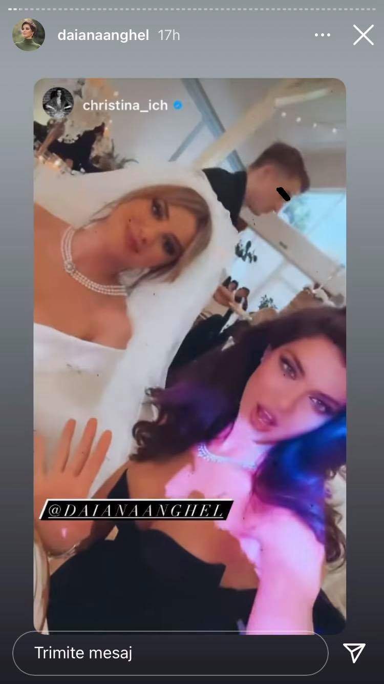 Cristina Ich și Daiana Anghel într-un selfie la nunta fostei prezentatoare tv. Mireasa poartă rochie albă, iar vloggerița rochie neagră.
