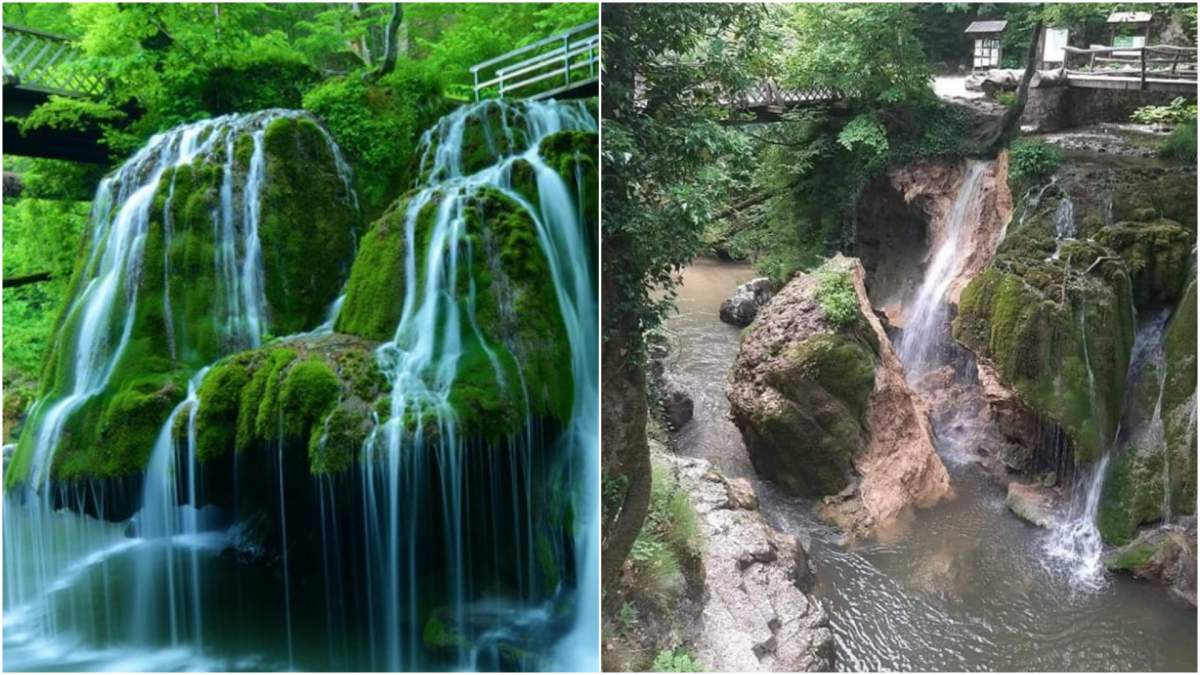 Colaj cu Cascada Bigăr înainte și după ce s-a prăbușit.