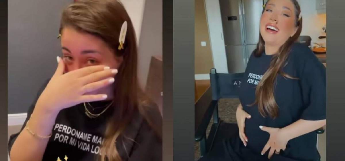 Un colaj cu Nicole Cherry. În stânga își șterge lacrimile și în a doua stă pe scaun și își ține mâinile pe burtica de gravidă.