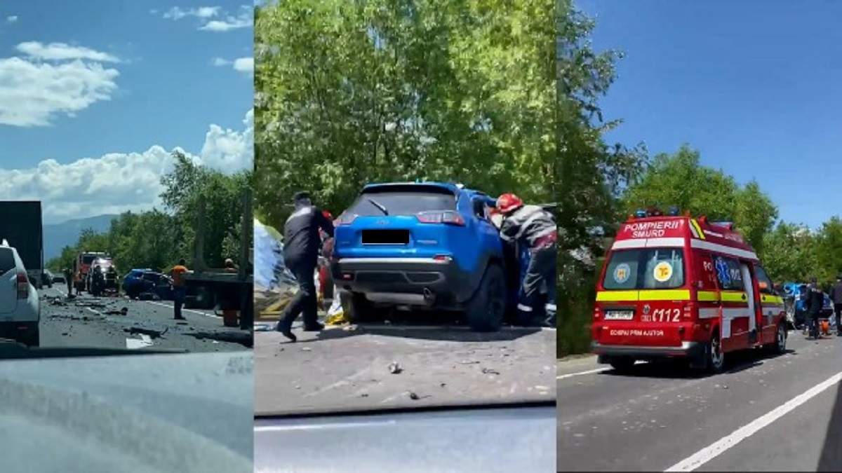 Imagini cu accidentul rutier din Hunedoara, în care un bărbat a murit. Pompierii și o ambulanță au ajuns la fața locului, pe stradă.