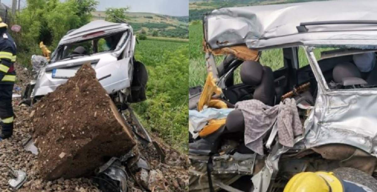Colaj cu accidentul feroviar de la Cluj, în care un șofer de 40 de ani a murit. Mașina lui e contorsionată și se află pe un câmp, lângă calea ferată.